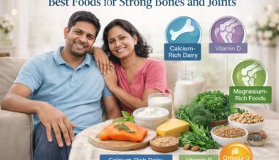 Healthy foods for strong bones and joints including dairy, fish, nuts, and greens
