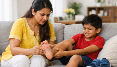 Child holding foot in pain while walking, highlighting early signs of foot problems.
