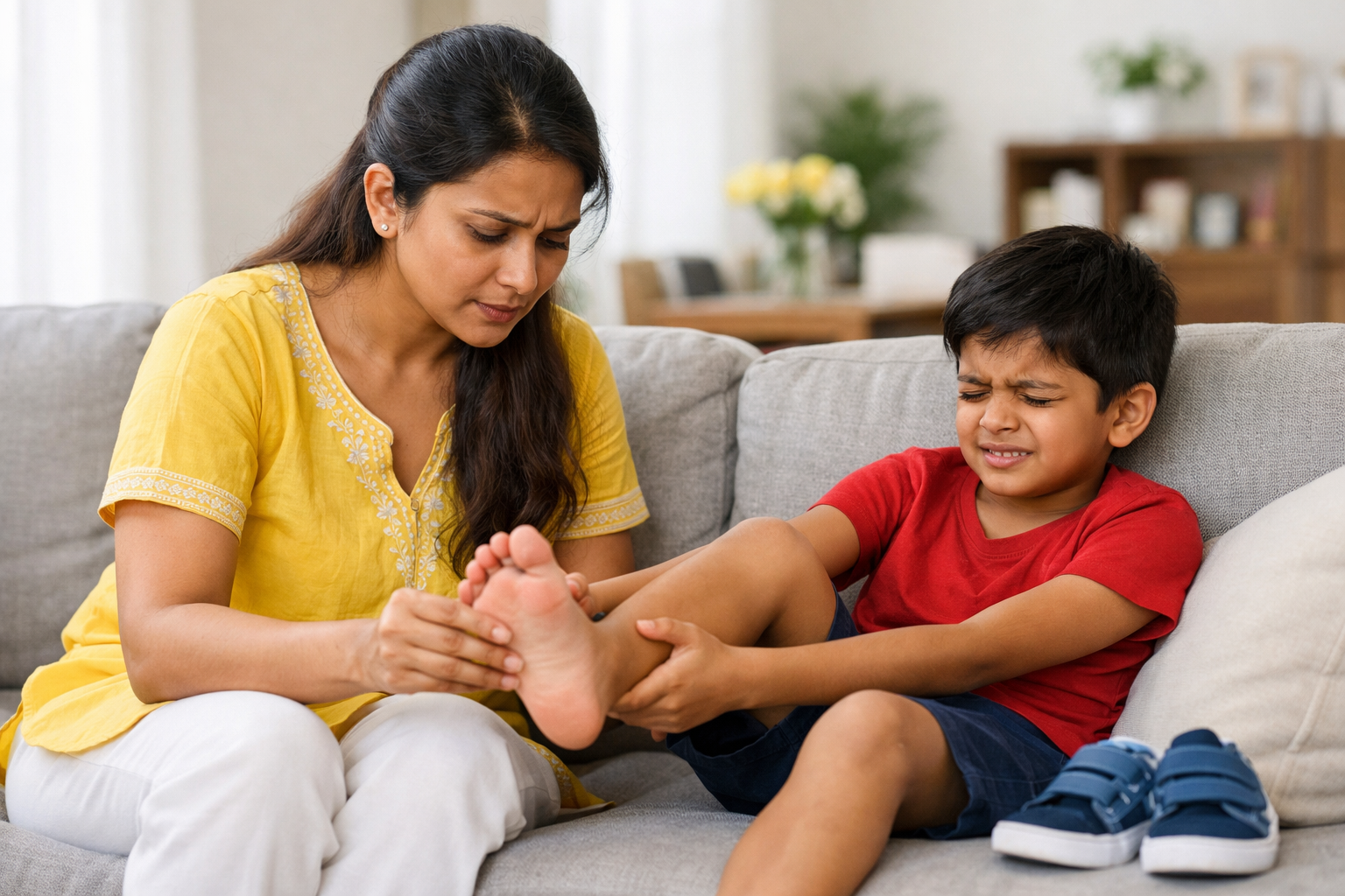Child holding foot in pain while walking, highlighting early signs of foot problems.