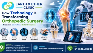 Orthopedic surgeon using advanced robotic technology during modern joint surgery