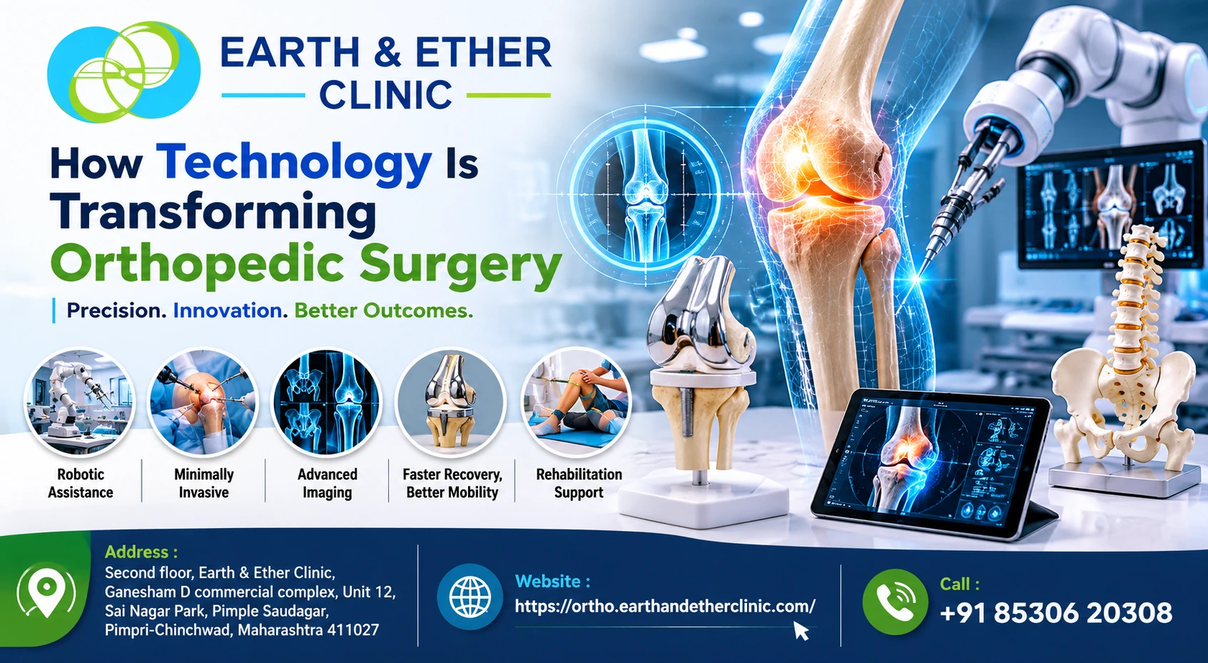 Orthopedic surgeon using advanced robotic technology during modern joint surgery