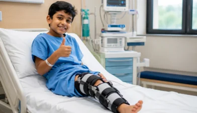 Pediatric orthopedic surgeon examining a child's leg before treatment