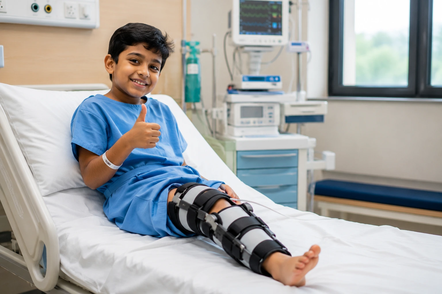 Pediatric orthopedic surgeon examining a child's leg before treatment