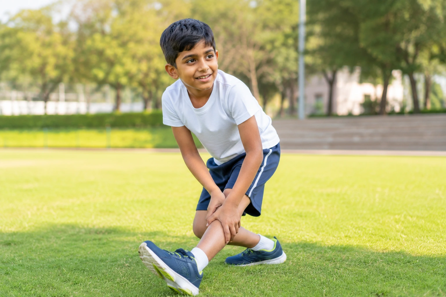Child running outdoors showing healthy, strong knees during active play