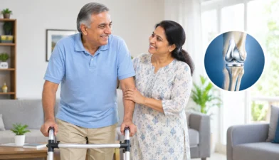Elderly patient walking confidently after knee joint replacement surgery.