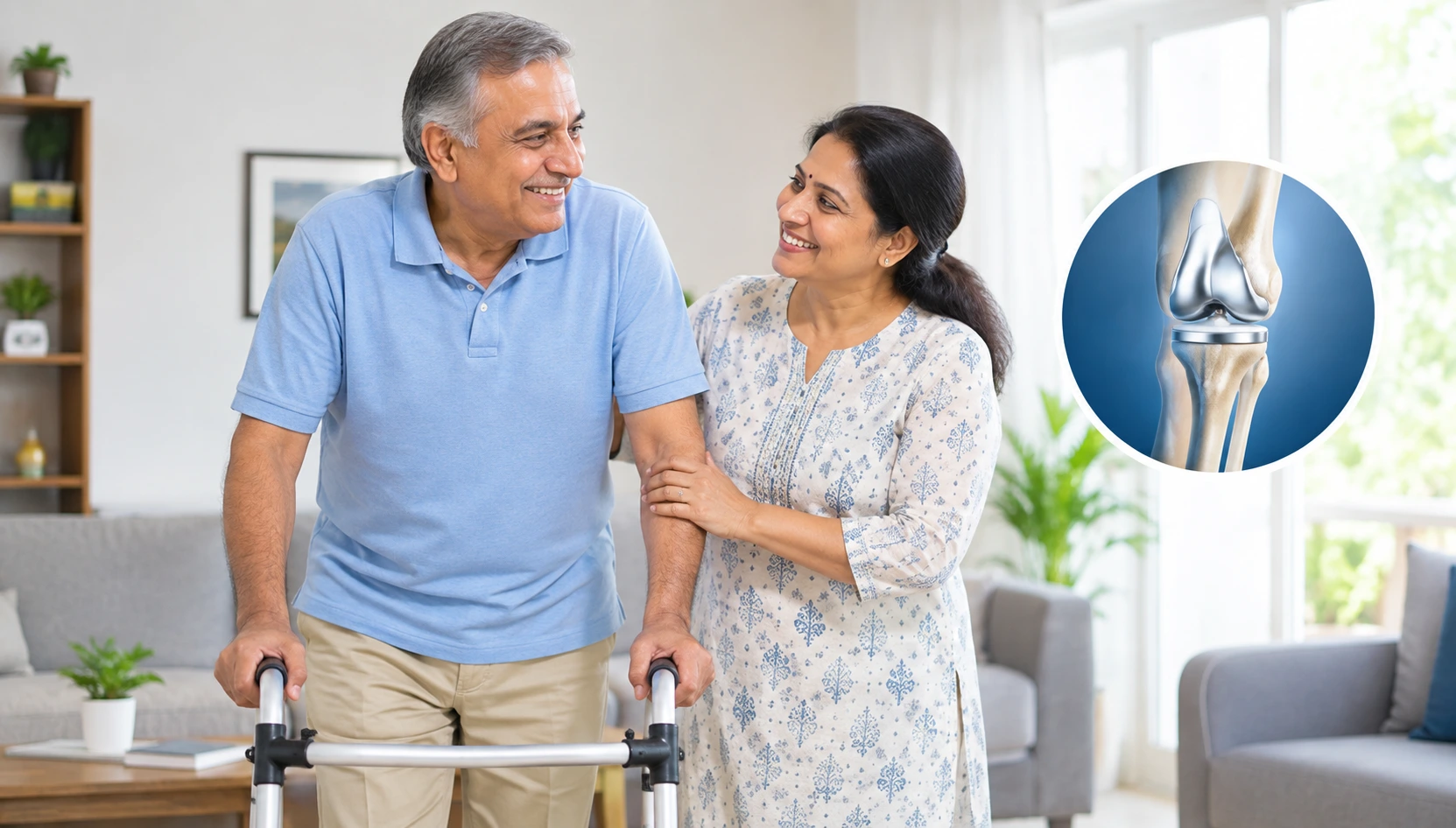 Elderly patient walking confidently after knee joint replacement surgery.