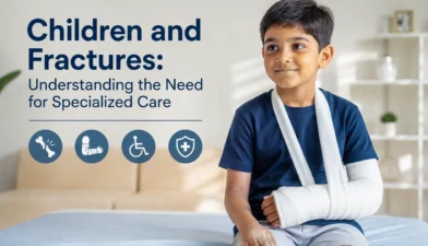 Pediatric orthopedic surgeon examining a child's fractured arm during clinic visit.