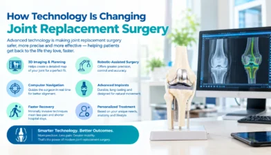 Surgeon using robotic-assisted technology during joint replacement surgery.