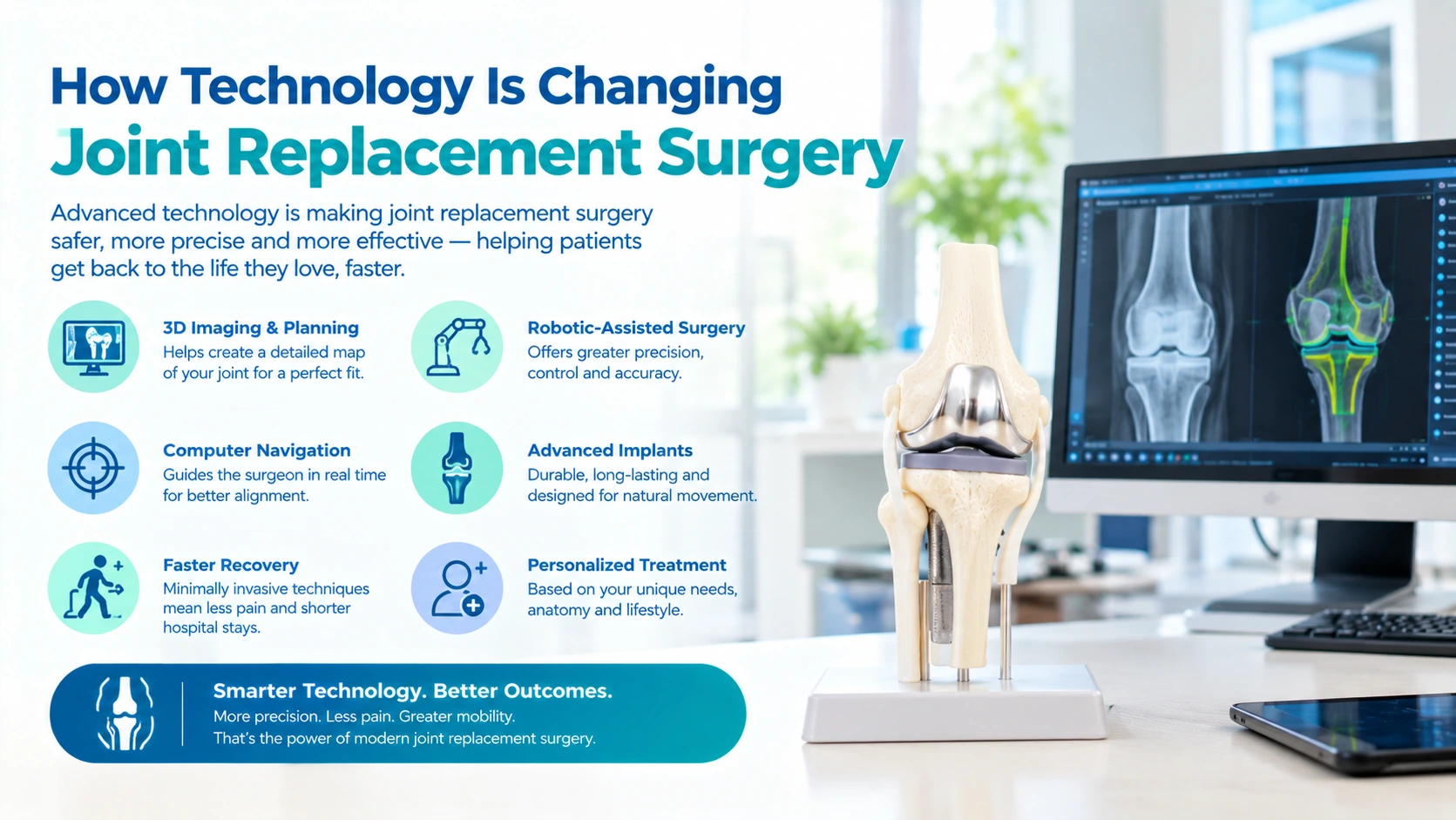 Surgeon using robotic-assisted technology during joint replacement surgery.
